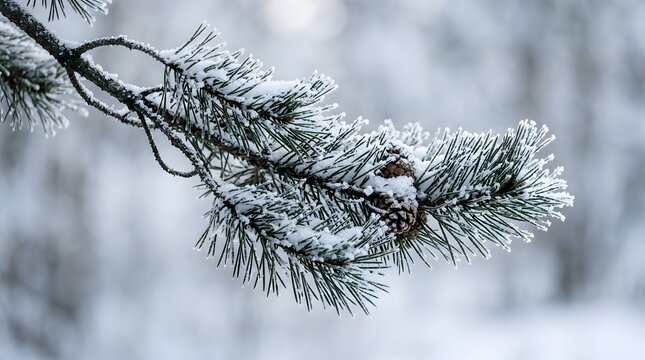 Close-up of snow-covered pine branch in winter with a blurred snowy forest background