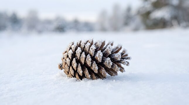 Close-up of a frosted pine cone on snow-covered ground during winter with soft natural light