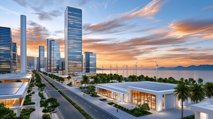 Fototapeta premium Futuristic sustainable city with wind turbines and solar panels along a coastal skyline at sunset
