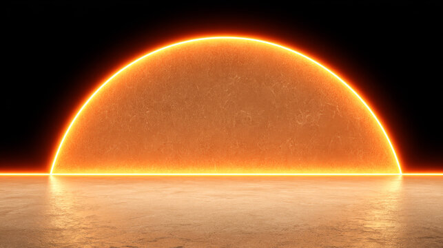A large, glowing semi-circle of radiant orange light sits on a textured, light-colored surface against a deep black background, creating a bold, minimalist, and atmospheric composition.