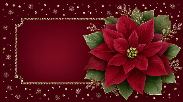 A festive holiday background featuring a prominent red poinsettia flower, green leaves, and a gold-trimmed rectangular frame against a deep red backdrop with subtle golden snowflakes and particles.