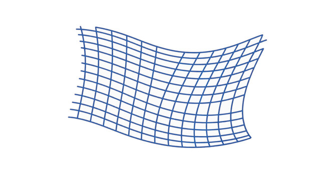 Abstract royal blue curved mesh grid vector isolated on white background. Distorted wireframe structure with intersecting wavy lines creating a warped 3D perspective effect.