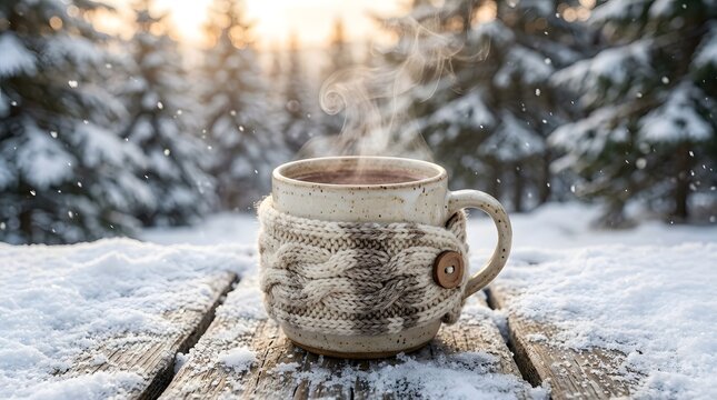 Close-up of a rustic ceramic mug filled with hot beverage on snow-covered wooden surface in winter