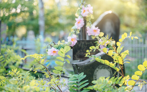 serene grave with pink flowers in cemetery close-up. memorial decoration with stone and metal elements. respectful and peaceful scene for funeral and memorial services.