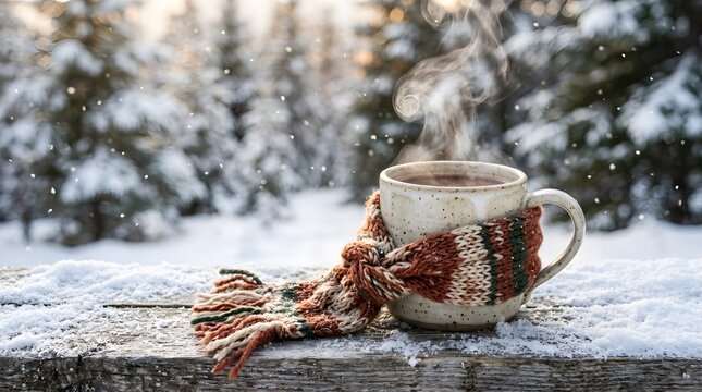 Cozy winter scene with steaming hot chocolate in a mug on snow-covered wooden surface