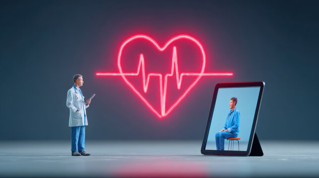 Precision telemedicine concept with doctor consulting patient remotely through digital tablet and heart rate neon sign