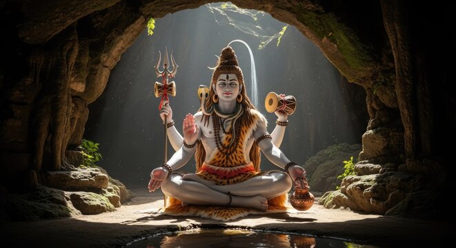 Lord Shiva meditating in a sacred cave with light beams, holding his divine symbols trishul and damru