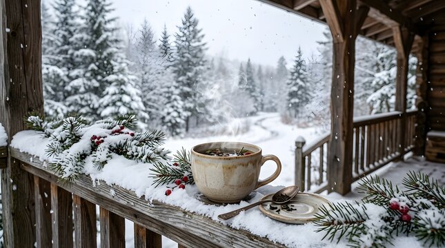 Snowy winter scene with decorated wooden balcony overlooking a forest in a peaceful, festive atmosphere
