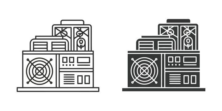 Industrial server rack set featuring cooling fans and electronic components in linear and solid black variations