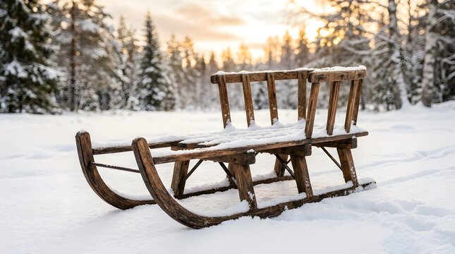 Winter Scene with Wooden Sled and Snow-Covered Forest in Soft Morning Light