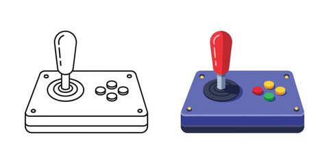 Retro gaming arcade joystick controller set featuring linear outline and flat color © EliachStock