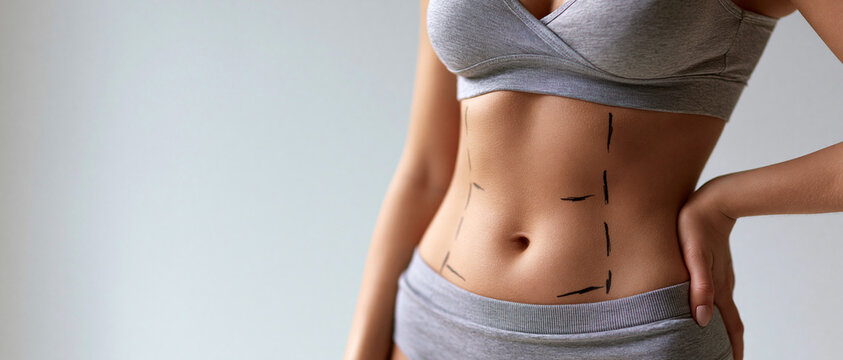  Slim female torso with surgical markings for tummy tuck or liposuction. Body contouring and mommy makeover plastic surgery concept, wide banner with copy space