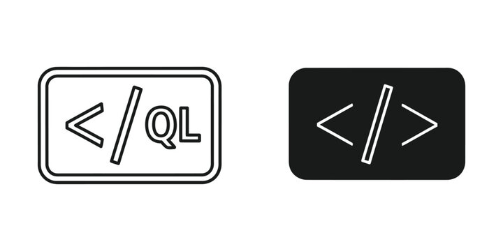 Software development code tag set featuring ql programming language syntax symbols in outline and solid styles