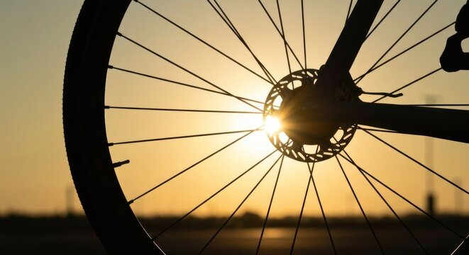 Silhouette of bicycle wheel with spokes against a sunset, sun visible