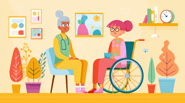 Precision telemedicine consultation shows healthcare professional attentively engaging with patient in wheelchair in warm room