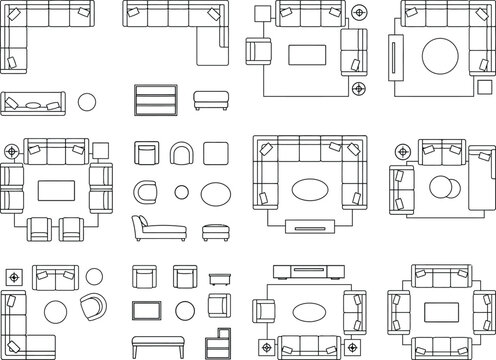 Floor plan module CAD block library, top view, furnished room layouts, residential furniture symbols, for architectural drafting