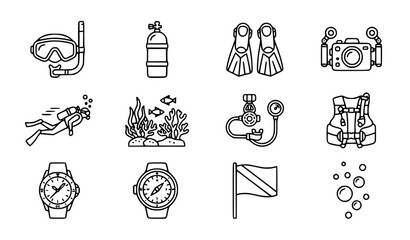 Scuba Diving Line Icon Set with Snorkel Mask Oxygen Tank Coral Reef and Underwater Equipment Vector © Tonmoy