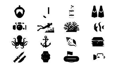Modern Scuba Diving Flat Icon Collection with Underwater Marine Adventure Equipment Vector © Tonmoy