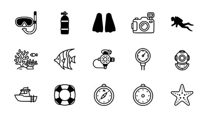 Minimal Scuba Diving Equipment and Marine Life Vector Icon Pack with Underwater Adventure Symbols © Tonmoy