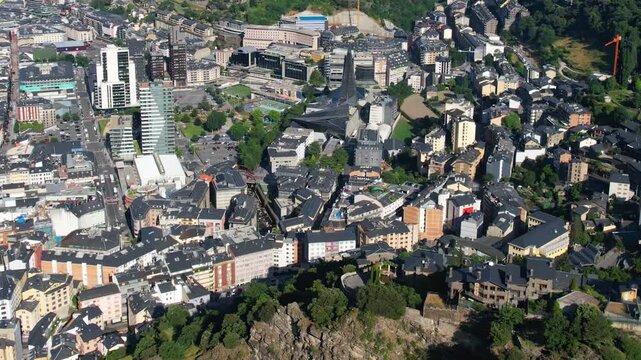Aerial view of the capital city Andorra la Vella,  in the Pyrenees mountains between France and Spain on a sunny summer morning.