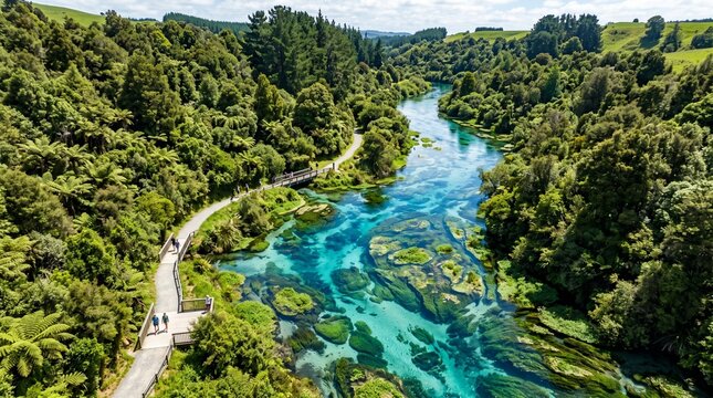 Aerial view of the crystal-clear Te Waihou Blue Spring winding through lush green forest vegetation in Putaruru, New Zealand, with a walking track along the riverbank.