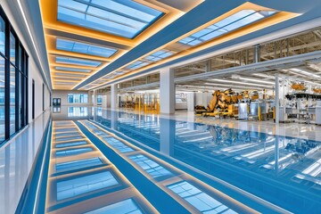 Fototapeta premium High-volume satellite manufacturing facility with automated robotics and glossy cleanroom interior