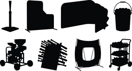 Black silhouette collection of baseball and softball training equipment including batting tee, pitching machine, nets, bats, and ball cart © Rezoara