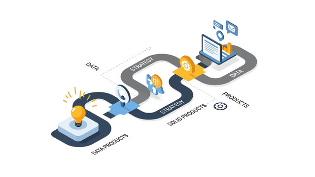Isometric Business Data Strategy and Product Development Roadmap Infographic
