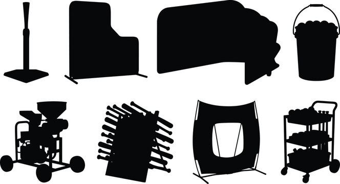 Black silhouette collection of baseball and softball training equipment including batting tee, pitching machine, nets, bats, and ball cart