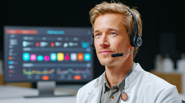 Precision telemedicine expert wearing headset with computer screen showing data in background for remote consultation