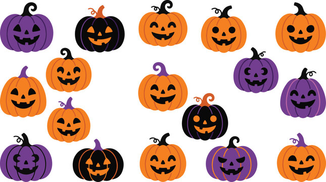 Festive halloween jack o' lanterns pattern orange and purple pumpkins for spooky seasonal designs