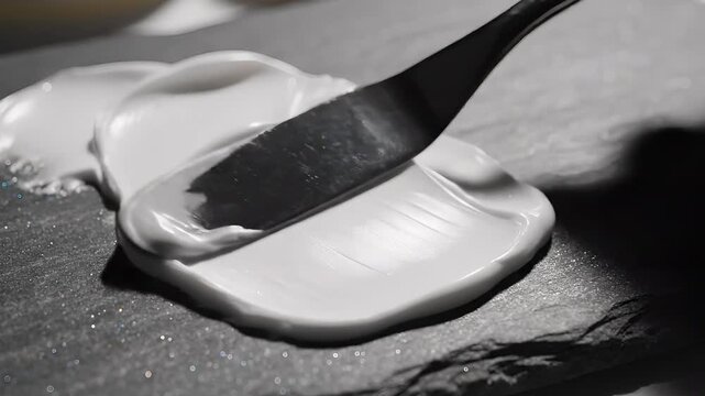 Metal spatula spreads thick white creamy texture on dark stone surface with substance dark textured surface bright lighting video depicts metal spatula spreading moisturizer
