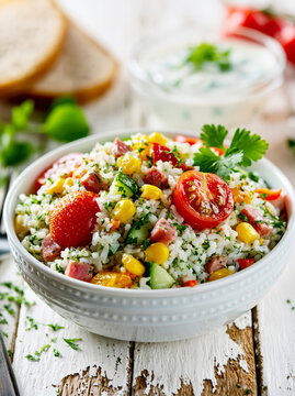 Fresh Rice Salad with Ham and Vegetables AI Generative