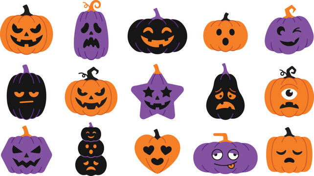 Halloween pumpkins and gourds with various spooky faces for decoration and party