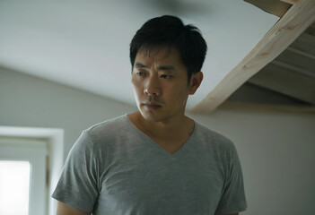 Obraz premium East Asian man in gray t-shirt indoors looking down