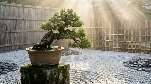 Ancient bonsai pine tree in a tranquil Japanese zen rock garden with raked white gravel and dark stones, bathed in beautiful golden morning sunlight and atmospheric sun rays.