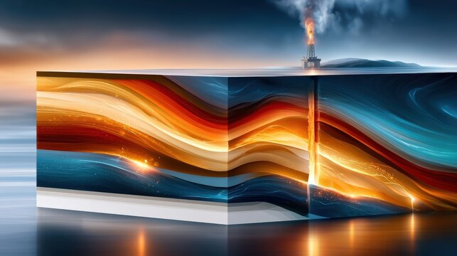 Abstract shale gas and hydraulic fracturing concept showing layered strata, drilling rig and energy flow