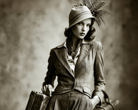 Elegant 1930s Fashion Portrait with Vintage Suitcase &ndash; AI Generative &ndash; No Real Person