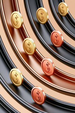Business money concept with 3D dollar coins on metallic concentric rings for finance and investment
