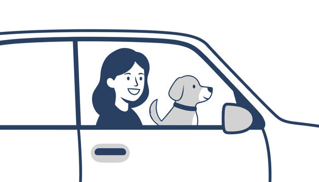 Young woman drives a car with her pet dog sitting in the passenger seat as they travel together through the city during a daytime commute.