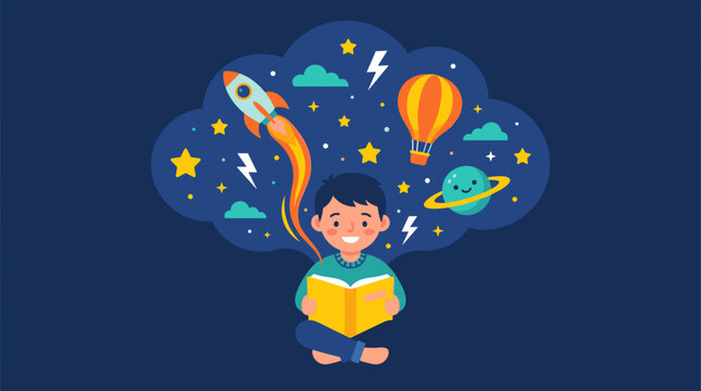 Child imagines space scenes from a book