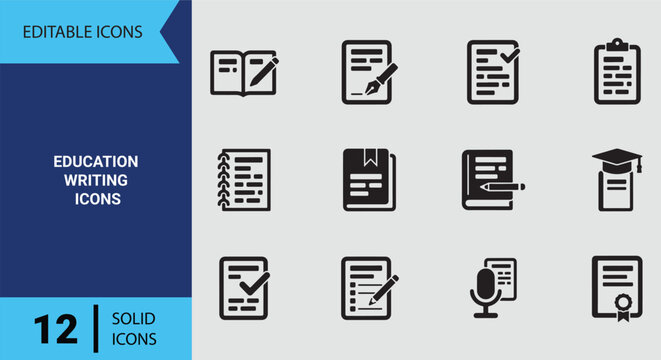 Solid Education Writing Icons for Academic Studies Essay Composition Student Notes and Learning Management