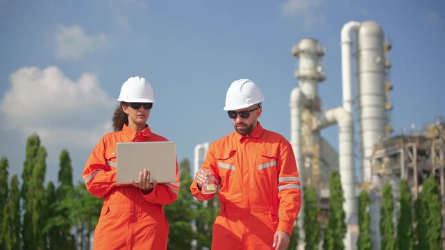 Petrochemical engineers inspecting industrial equipment and refinery operations at an oil and gas processing plant. Technical inspectors reviewing operations at a petrochemical refinery.