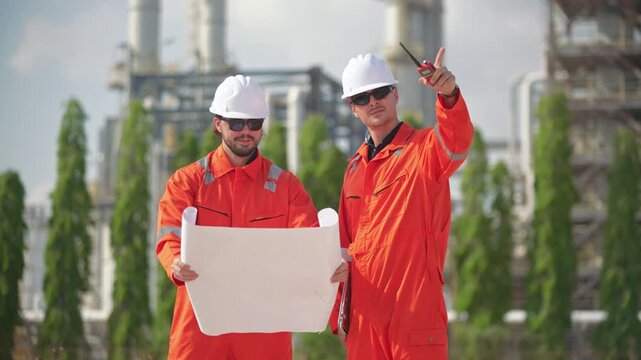Petrochemical engineers inspecting industrial equipment and refinery operations at an oil and gas processing plant. Technical inspectors reviewing operations at a petrochemical refinery.