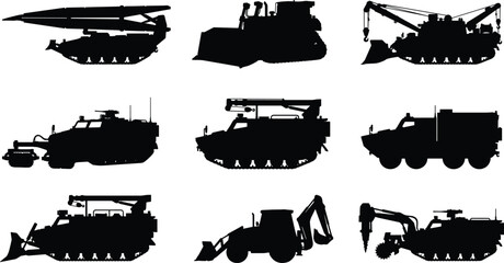 Heavy Construction Vehicle Silhouette Set with Bulldozer Excavator Tracked Machinery and Utility Equipment © MdMazibur