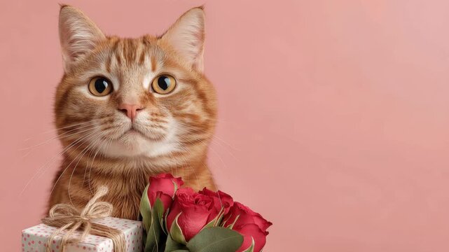cat with flowers,card,gift
