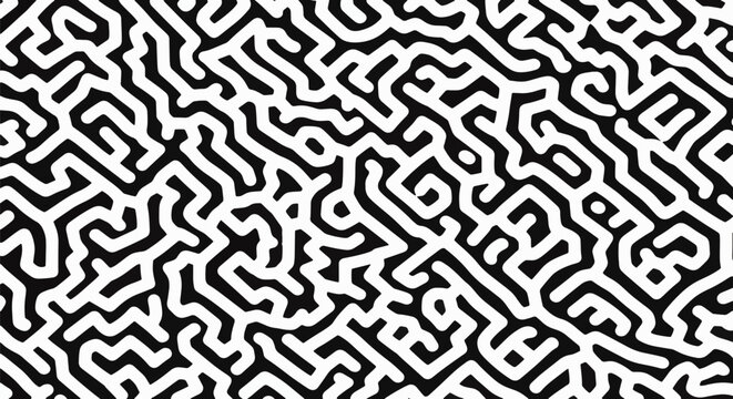 Seamless geometric labyrinth pattern featuring white interlocking lines on a solid black background. Abstract monochrome maze design with a diagonal orientation and high contrast.
