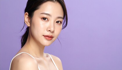 Fototapeta premium 透明感あふれる素肌とナチュラルな笑顔の日本人女性ビューティーポートレート（コピースペースあり）, Japanese Woman Clear Skin Natural Smile Beauty Portrait with Copy Space