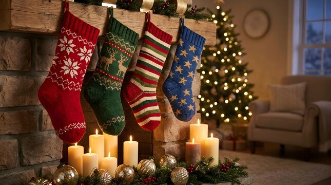 Festive Christmas Scene with Stockings and Decorated Tree in Cozy Living Room