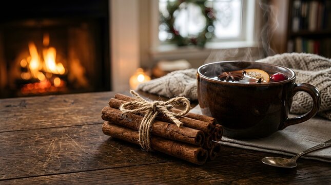 Cozy Christmas Scene with Warm Fireplace, Hot Cocoa, and Cinnamon Sticks in a Rustic Setting
